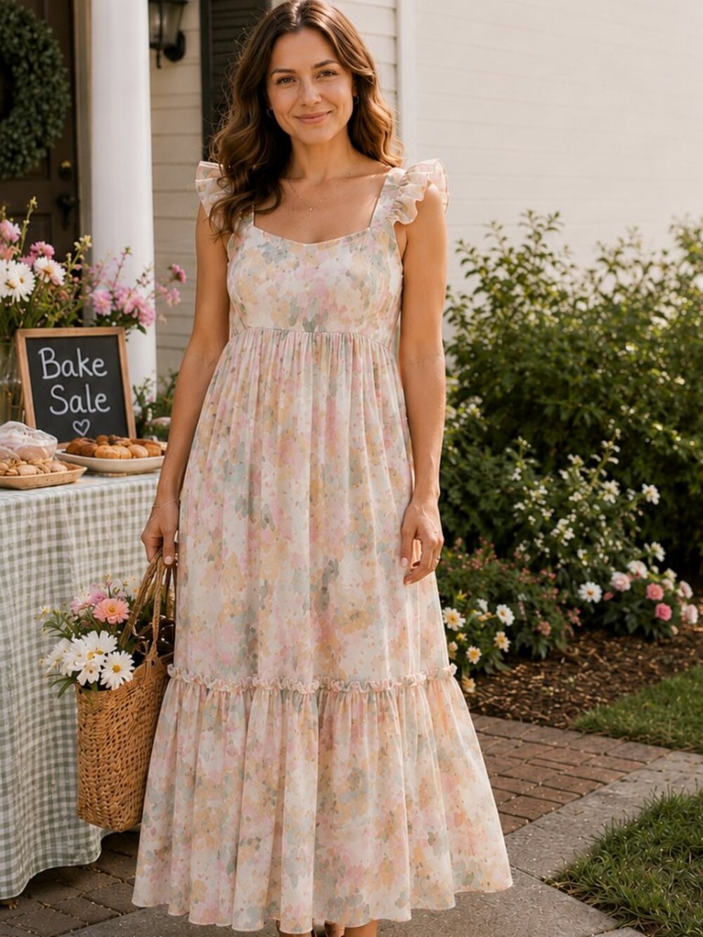 Anthropologie By The River Watercolor Floral Chiffon Midi Dress Cream M Ruffled